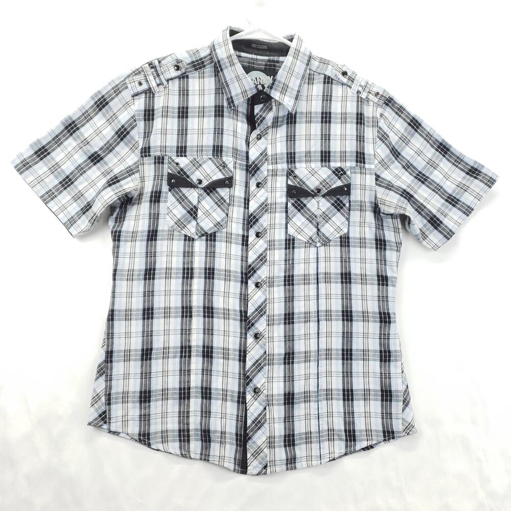 Franky Max Shirt Mens Large Black White Western Pearl Snap Plaid Short Sleeve